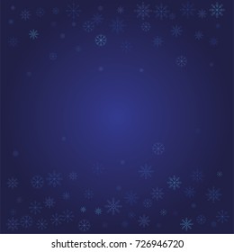 Christmas snow powder frame or border of a random scatter snowflakes on a blue background. Snow explosion. Ice storm.