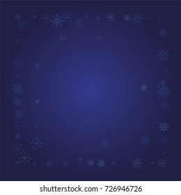 Christmas snow powder frame or border of a random scatter snowflakes on a blue background. Snow explosion. Ice storm.