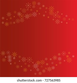 Christmas snow powder frame or border of a random scatter snowflakes on a red background. Snow explosion. Ice storm.