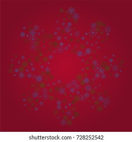 Christmas snow powder frame or border of a random scatter snowflakes on a red background. Snow explosion. Ice storm.