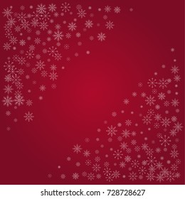 Christmas snow powder frame or border of a random scatter snowflakes on a red background. Snow explosion. Ice storm.