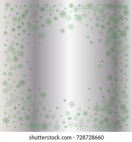 Christmas snow powder frame or border of a random scatter snowflakes on a silver background. Snow explosion. Ice storm.