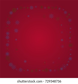 Christmas snow powder frame or border of a random scatter snowflakes on a red background. Snow explosion. Ice storm.