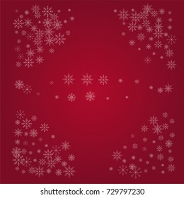 Christmas snow powder frame or border of a random scatter snowflakes on a red background. Snow explosion. Ice storm.