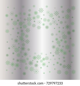 Christmas snow powder frame or border of a random scatter snowflakes on a silver background. Snow explosion. Ice storm.