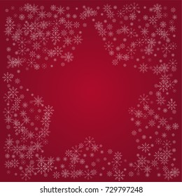 Christmas snow powder frame or border of a random scatter snowflakes on a red background. Snow explosion. Ice storm.