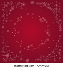Christmas snow powder frame or border of a random scatter snowflakes on a red background. Snow explosion. Ice storm.