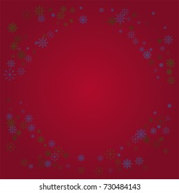 Christmas snow powder frame or border of a random scatter snowflakes on a red background. Snow explosion. Ice storm.
