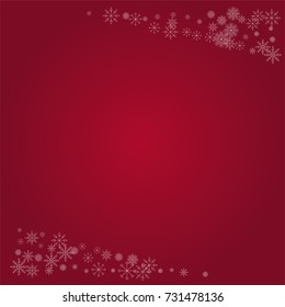 Christmas snow powder frame or border of a random scatter snowflakes on a red background. Snow explosion. Ice storm.