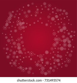 Christmas snow powder frame or border of a random scatter snowflakes on a red background. Snow explosion. Ice storm.