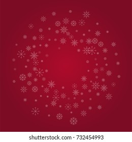 Christmas snow powder frame or border of a random scatter snowflakes on a red background. Snow explosion. Ice storm.