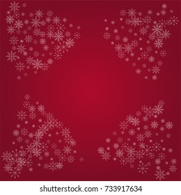 Christmas snow powder frame or border of a random scatter snowflakes on a red background. Snow explosion. Ice storm.