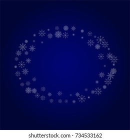 Christmas snow powder frame or border of a random scatter snowflakes in blue. Snow explosion. Ice storm.