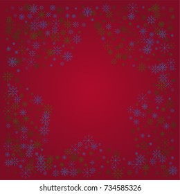 Christmas snow powder frame or border of a random scatter snowflakes on a red background. Snow explosion. Ice storm.