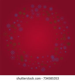 Christmas snow powder frame or border of a random scatter snowflakes on a red background. Snow explosion. Ice storm.
