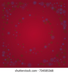 Christmas snow powder frame or border of a random scatter snowflakes on a red background. Snow explosion. Ice storm.