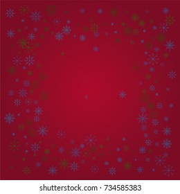 Christmas snow powder frame or border of a random scatter snowflakes on a red background. Snow explosion. Ice storm.