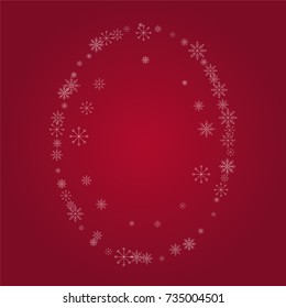 Christmas snow powder frame or border of a random scatter snowflakes on a red background. Snow explosion. Ice storm.