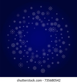 Christmas snow powder frame or border of a random scatter snowflakes in blue. Snow explosion. Ice storm.