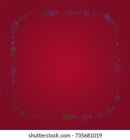 Christmas snow powder frame or border of a random scatter snowflakes on a red background. Snow explosion. Ice storm.