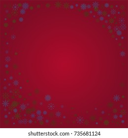 Christmas snow powder frame or border of a random scatter snowflakes on a red background. Snow explosion. Ice storm.