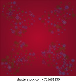 Christmas snow powder frame or border of a random scatter snowflakes on a red background. Snow explosion. Ice storm.