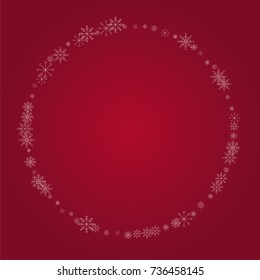 Christmas snow powder frame or border of a random scatter snowflakes on a red background. Snow explosion. Ice storm.
