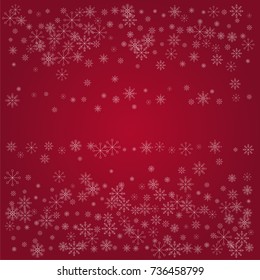 Christmas snow powder frame or border of a random scatter snowflakes on a red background. Snow explosion. Ice storm.
