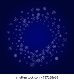 Christmas snow powder frame or border of a random scatter snowflakes in blue. Snow explosion. Ice storm.