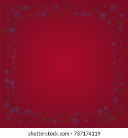 Christmas snow powder frame or border of a random scatter snowflakes on a red background. Snow explosion. Ice storm.