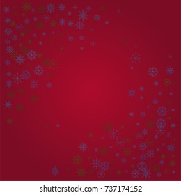 Christmas snow powder frame or border of a random scatter snowflakes on a red background. Snow explosion. Ice storm.