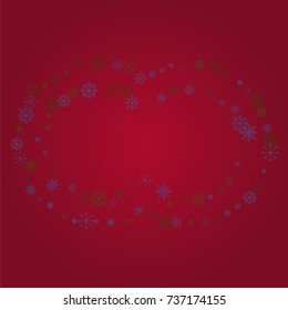 Christmas snow powder frame or border of a random scatter snowflakes on a red background. Snow explosion. Ice storm.