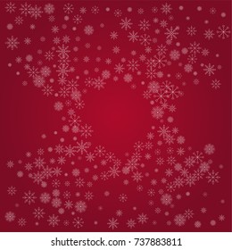 Christmas snow powder frame or border of a random scatter snowflakes on a red background. Snow explosion. Ice storm.