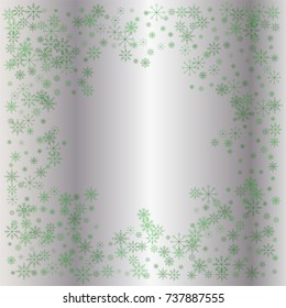 Christmas snow powder frame or border of a random scatter snowflakes on a silver background. Snow explosion. Ice storm.