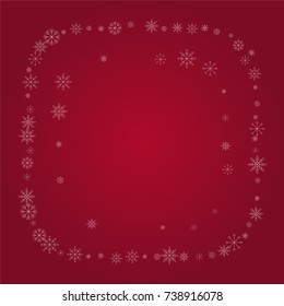 Christmas snow powder frame or border of a random scatter snowflakes on a red background. Snow explosion. Ice storm.