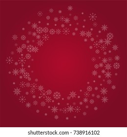 Christmas snow powder frame or border of a random scatter snowflakes on a red background. Snow explosion. Ice storm.