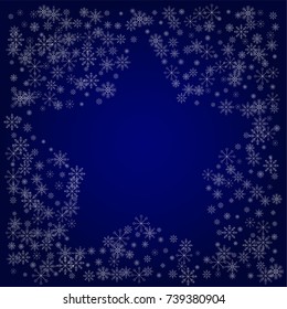 Christmas snow powder frame or border of a random scatter snowflakes in blue. Snow explosion. Ice storm.