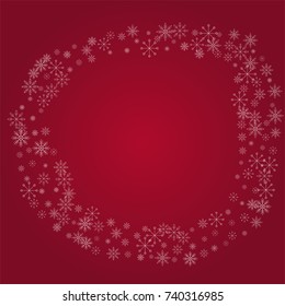 Christmas snow powder frame or border of a random scatter snowflakes on a red background. Snow explosion. Ice storm.