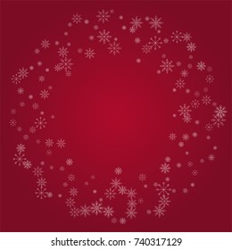 Christmas snow powder frame or border of a random scatter snowflakes on a red background. Snow explosion. Ice storm.