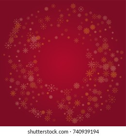 Christmas snow powder frame or border of a random scatter snowflakes on a red background. Snow explosion. Ice storm.