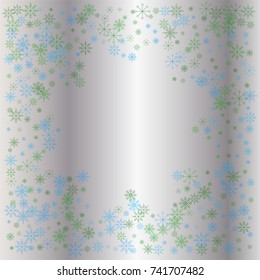 Christmas snow powder frame or border of a random scatter snowflakes on a silver background. Snow explosion. Ice storm.