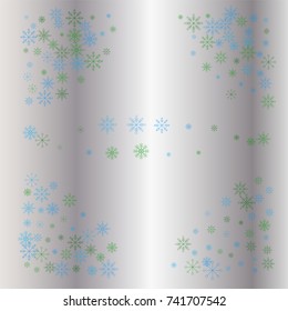 Christmas snow powder frame or border of a random scatter snowflakes on a silver background. Snow explosion. Ice storm.