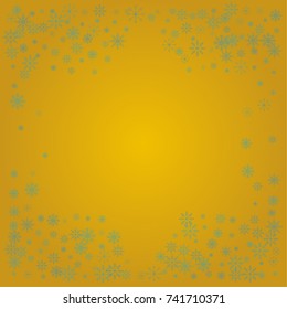 Christmas snow powder frame or border of a random scatter snowflakes on a golden background. Snow explosion. Ice storm.