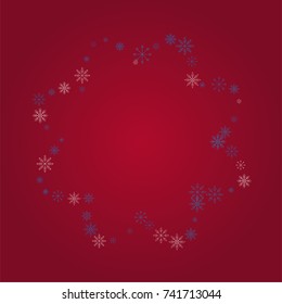 Christmas snow powder frame or border of a random scatter snowflakes on a red background. Snow explosion. Ice storm.