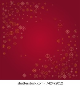 Christmas snow powder frame or border of a random scatter snowflakes on a red background. Snow explosion. Ice storm.