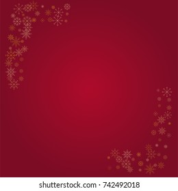 Christmas snow powder frame or border of a random scatter snowflakes on a red background. Snow explosion. Ice storm.