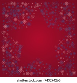 Christmas snow powder frame or border of a random scatter snowflakes on a red background. Snow explosion. Ice storm.