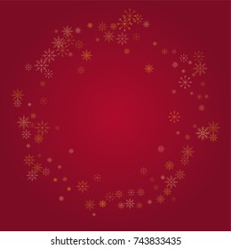 Christmas snow powder frame or border of a random scatter snowflakes on a red background. Snow explosion. Ice storm.