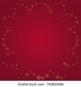 Christmas snow powder frame or border of a random scatter snowflakes on a red background. Snow explosion. Ice storm.