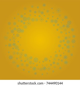 Christmas snow powder frame or border of a random scatter snowflakes on a golden background. Snow explosion. Ice storm.